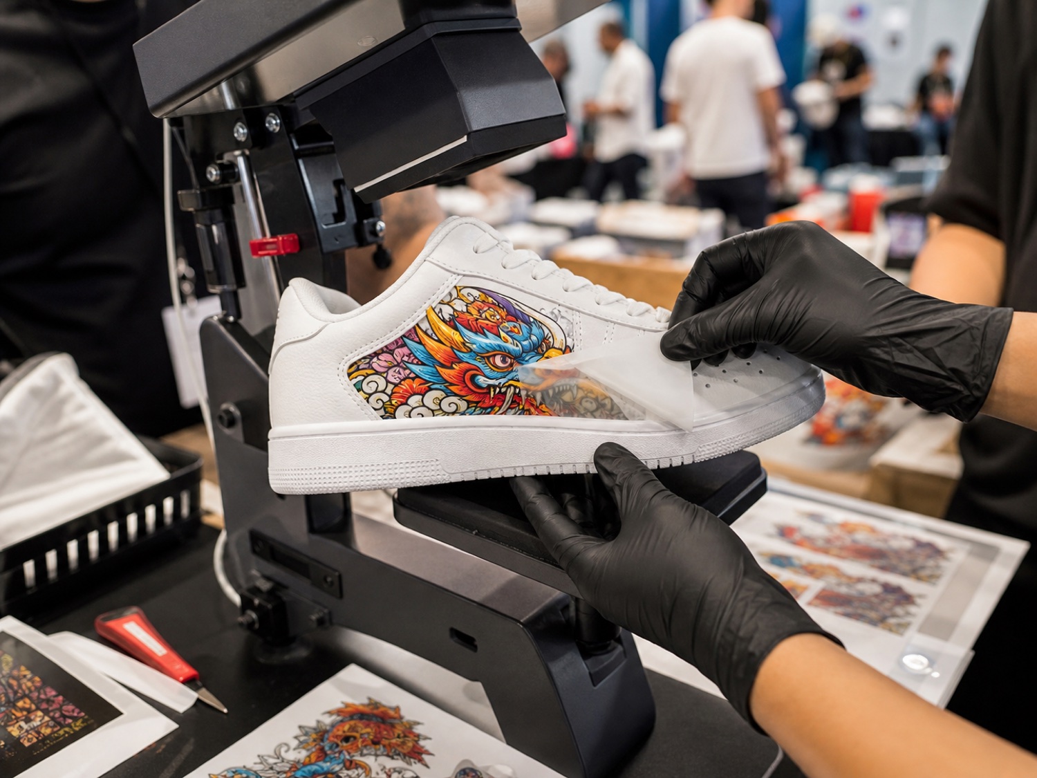 DTF transfer being applied to a white sneaker